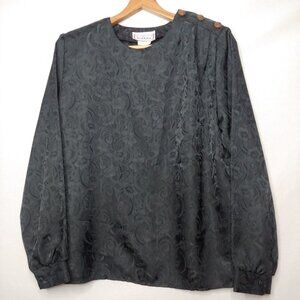 Womens Size 12 Vintage Charlotte Van Horne Blouse Black Floral Pullover Button